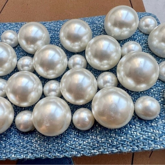 Stuart Weitzman Blue Denim Slide Flat Slip On Sandal Shoes w/ Pearls Women 5 B - Picture 11 of 14